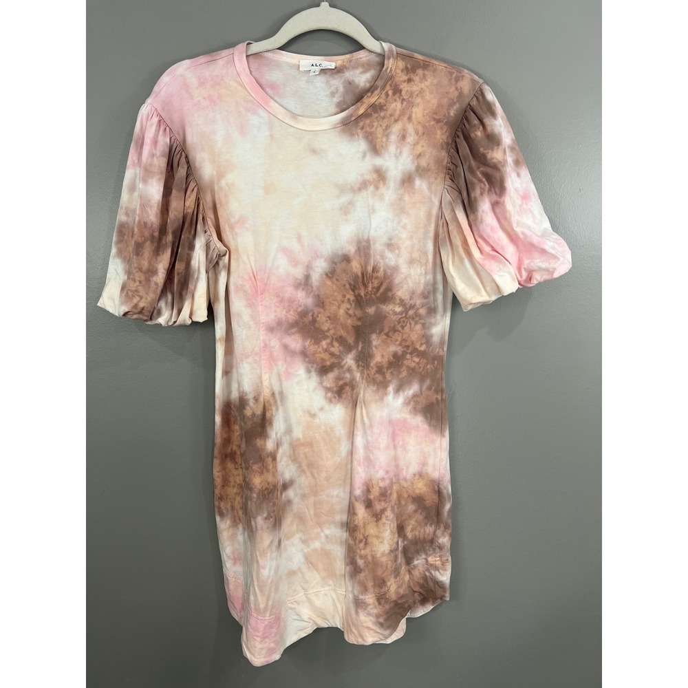 A.L.C. Tie Dye Mini Dress Womens Small Pink Brown Great Puff Sleeve Cotton